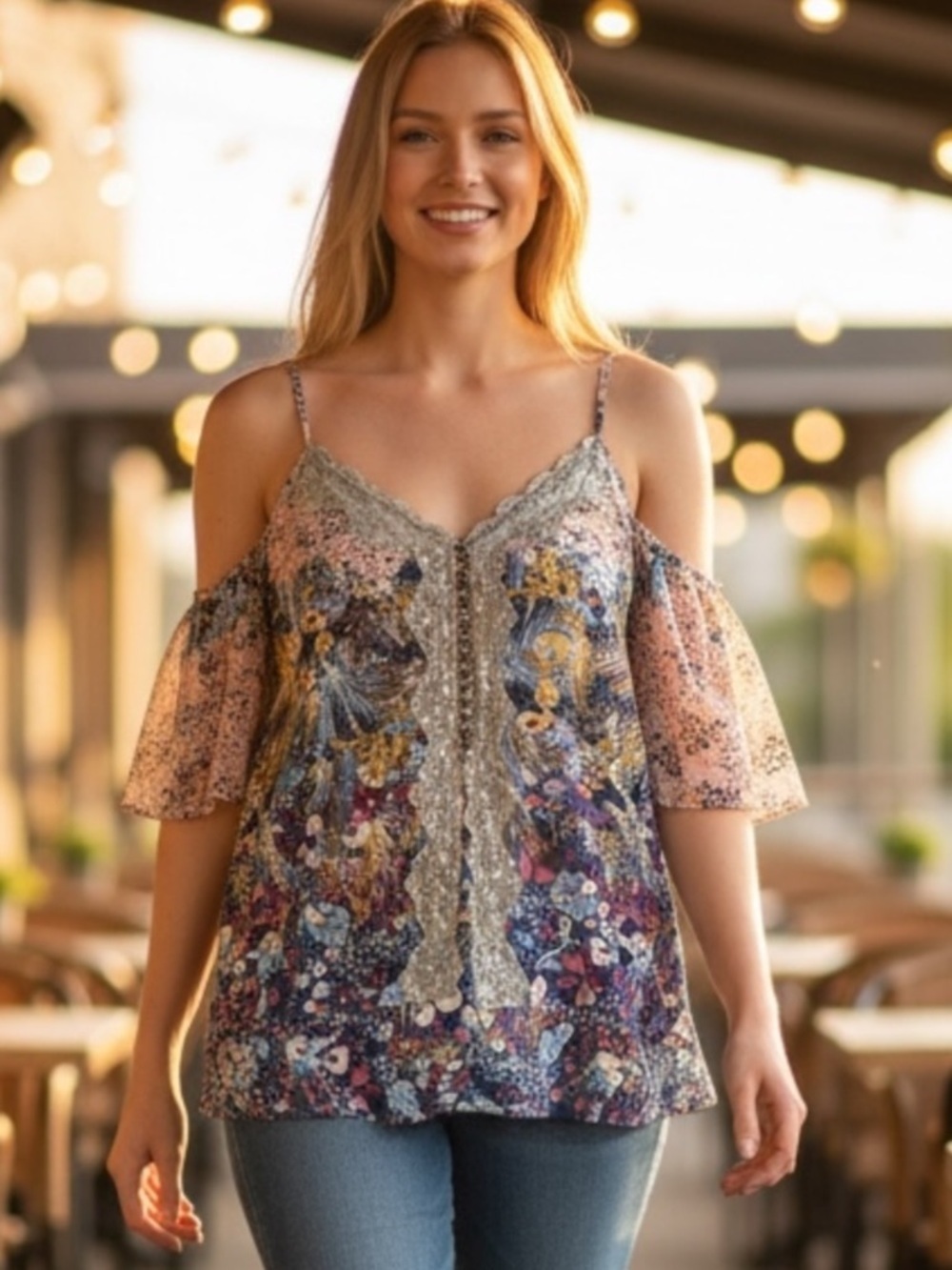 ❤️🔥 Aratta Floral Cold-Shoulder Camisole in Multi-Color Small A-04
